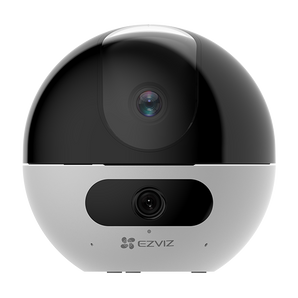 EZVIZ C7 Dual front view: black dome with upper pan-tilt lens above a white base with a second fixed lens