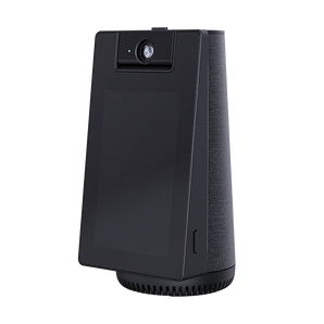EZVIZ S10 in black, angled front view showing the touch screen, top camera and fabric-wrapped side