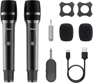 Two black Tribit wireless microphones with receiver, 3.5 mm adapter, foam covers, anti-slip rings and USB cable