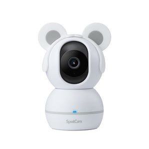 SpotCam BabyCam white pan-tilt camera with grey bear-ear headband, front view