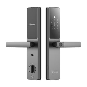 EZVIZ DL05 in grey: indoor panel with thumb-turn on the left, outdoor keypad panel with fingerprint lever on the right