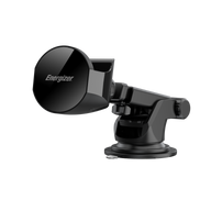 Energizer ECA002 圓形磁吸充電器裝喺擋風玻璃吸盤支架上，黑色背景