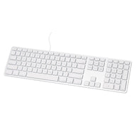 銀色 Matias USB-C Mac 有線鍵盤斜角圖，白色鍵帽連數字鍵