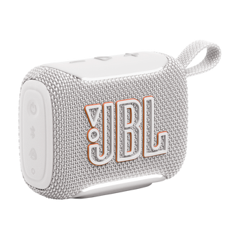 JBL Go 5 ultra-portable Bluetooth speaker in white with integrated strap