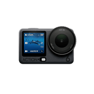 Front view of DJI Osmo Action 6 with a diving scene on the left screen and a round lens on the right