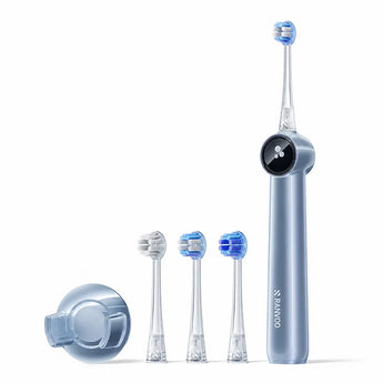 Blue RANVOO AirJet II toothbrush with three brush heads and blue wall mount