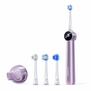 Purple RANVOO AirJet II toothbrush with three brush heads and purple wall mount