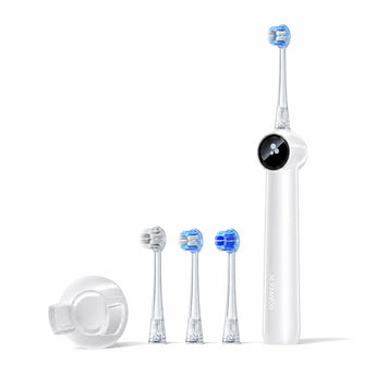 White RANVOO AirJet II toothbrush with three brush heads and clear wall mount
