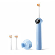 藍色 RANVOO AirJet Enamel 電動牙刷，兩個橙白色刷頭同藍色掛牆座