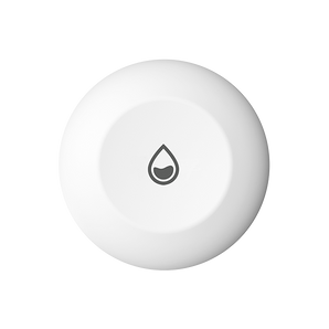 Round white EZVIZ T10C water leak sensor from above, grey water-drop icon in the centre