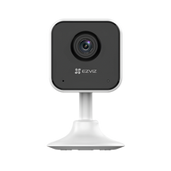 EZVIZ H1C white indoor camera with black front and round lens on its stand, front view