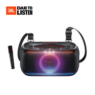 Black JBL PartyBox On-The-Go 2 with a multicolour light ring, shoulder strap and wireless microphone