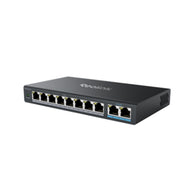 Reolink RLA-PS1 PoE+ 交換機，顯示八個攝影機連接埠及兩個上行連接埠