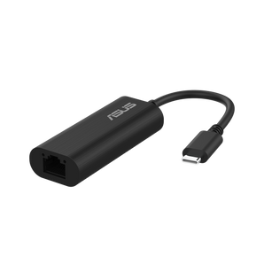 ASUS USB-C2500 V2 黑色轉換器，見到 RJ45 網口同彎曲嘅 USB-C 線