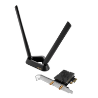 ASUS PCE-BE92BT PCIe card with black heatsink next to its two-antenna base