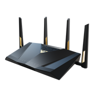 黑色 ASUS RT-BE88U 路由器，四支金色裝飾天線，右前側角度