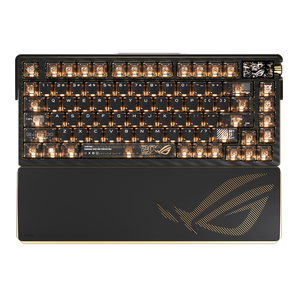 ROG Azoth Extreme Edition 20 top view, black and gold with lit translucent keycaps and wrist rest